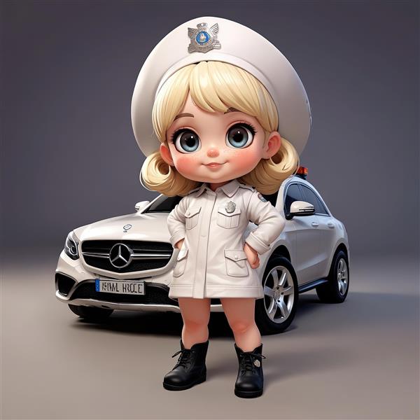 تصویر لارج‌فرمت عروسک دختر پلیس بلوند با یونیفرم سفید و ماشین بنز پلیس در پشت