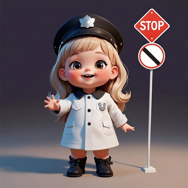عکس مینیاتوری عروسک دختر پلیس سفیدپوش با کلاه و علامت‌های ایست و ممنوعیت