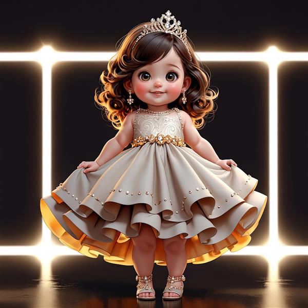 تصویر استوک عروسک فانتزی با پیراهن مجلسی بژ و تاج در پس‌زمینه قاب نورانی طلایی