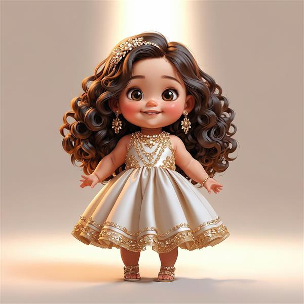 والپیپر عروسک چیبی با لباس طلایی سفید مجلسی و موهای فرفری با هدبند جواهر نشان