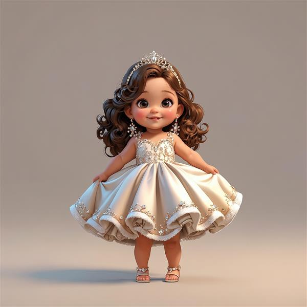 عکس تبلیغاتی عروسک پرنسسی با پیراهن شامپاینی، تاج کوچک و موهای فرفری برای بنر گرافیکی