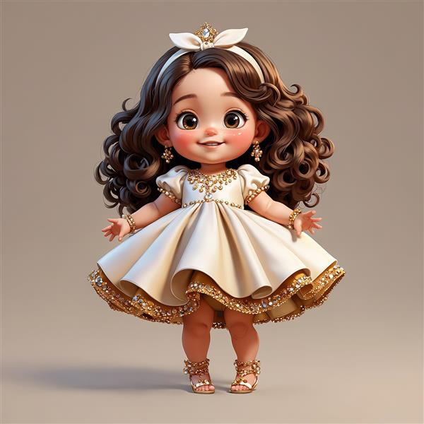 تصویر لارج‌فرمت عروسک بامزه با هدبند پاپیونی و لباس پرنسسی کرم طلایی برای تابلو دکوراتیو