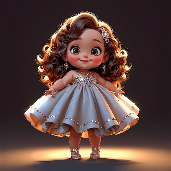 تصویر جذاب عروسک دخترانه با پیراهن نقره‌ای مجلسی، بدون تاج و موهای فرفری در زمینه تیره