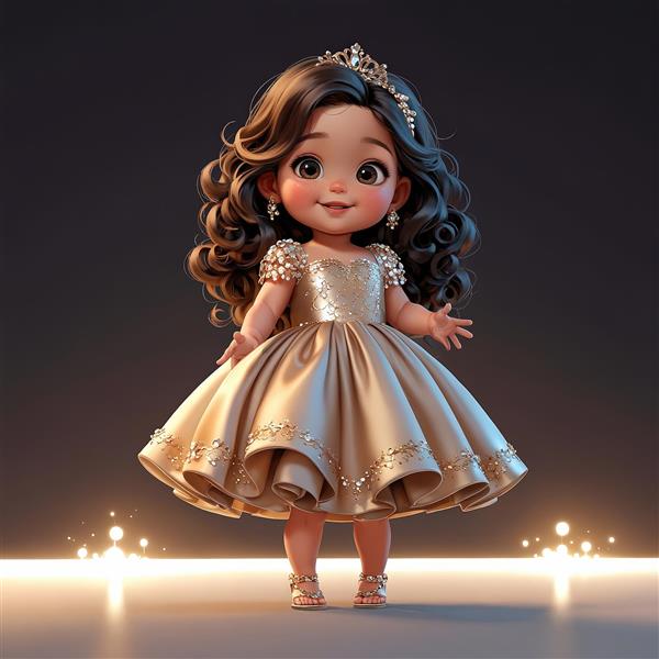 عکس تبلیغاتی عروسک چیبی با لباس طلایی براق و نورپردازی از پایین استیج