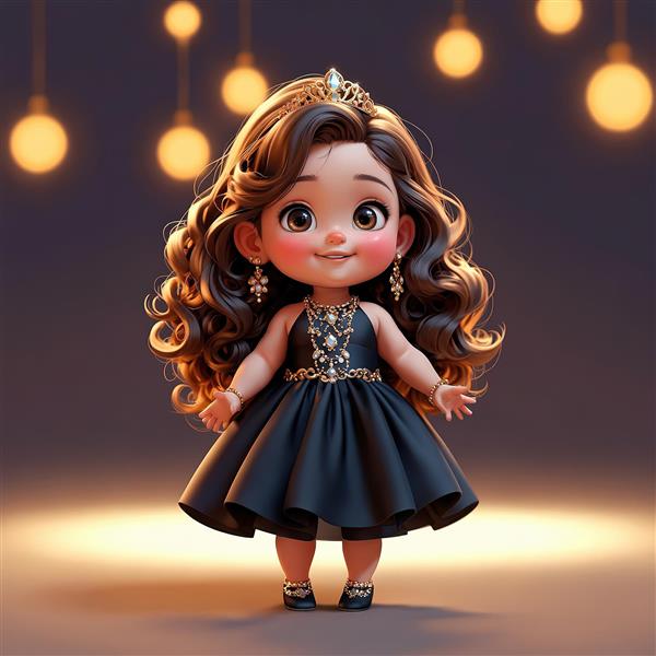 تصویر استوک عروسک فانتزی دختر کوچک با پیراهن مشکی مجلسی و پس‌زمینه لامپ آویز