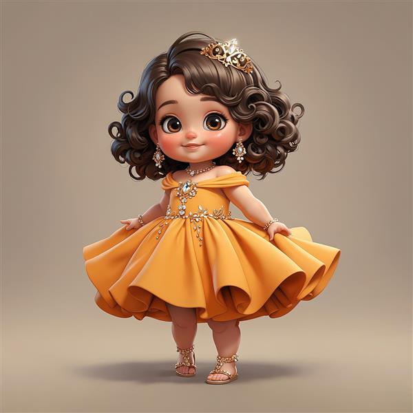والپیپر عروسک کارتونی دخترانه با لباس مجلسی نارنجی طلایی و تاج کوچک برای چاپ پوستر