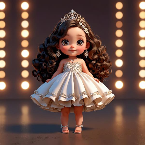 تصویر اورجینال عروسک کارتونی دخترانه مجلسی سفید با تاج و پس‌زمینه نورپردازی استیج