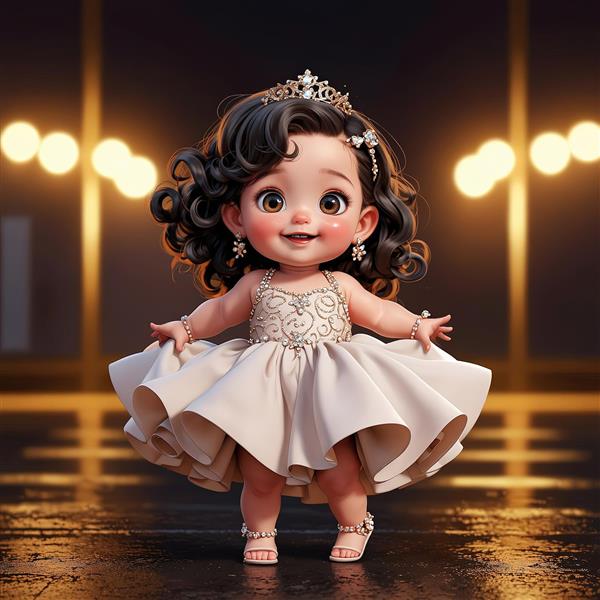 تصویر سه بعدی دختر با لباس مجلسی کرم و تاج، درخشش لامپ‌های پس‌زمینه