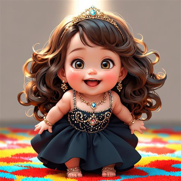 تصویر سه بعدی دختر خندان با لباس مشکی مجلسی، تاج فیروزه‌ای و جواهرات