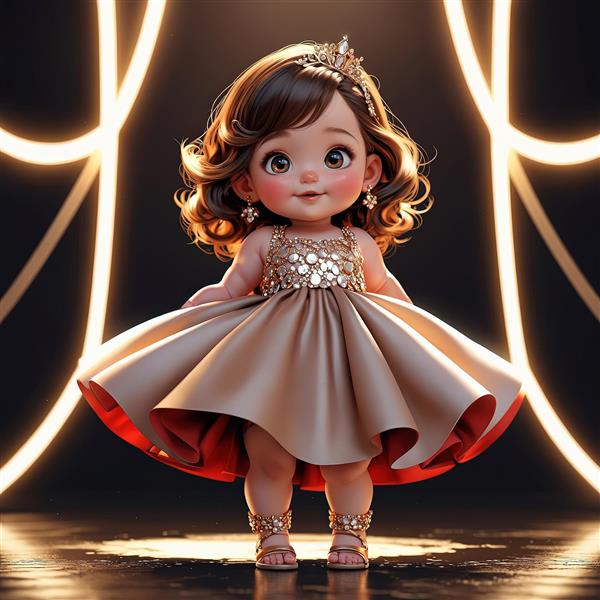 تصویر سه بعدی پرنسس کودک با لباس مجلسی بژ و تاج، پس‌زمینه نئونی طلایی