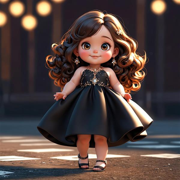 تصویر سه بعدی دختر با لباس شب مشکی و طلایی، موهای مجعد و پس‌زمینه شهری
