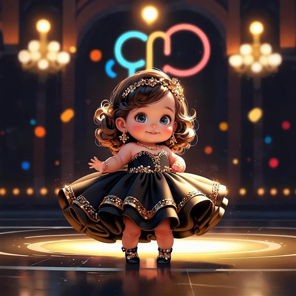 تصویر سه بعدی پرنسس کوچک با لباس مجلسی مشکی طلایی در سالن رقص