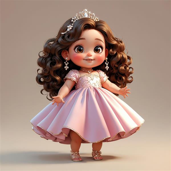 تصویر سه بعدی پرنسس با تاج و پیراهن صورتی ملایم، آماده مهمانی