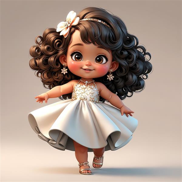 تصویر سه بعدی دختر خندان با موهای فرفری تیره و لباس سفید مجلسی
