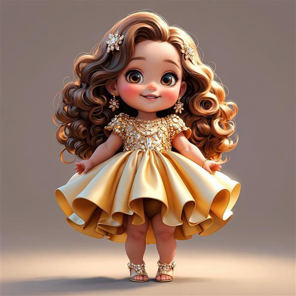 تصویر سه بعدی دختر مجلسی با لباس طلایی و موهای بلند فر، آماده جشن