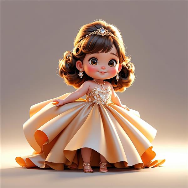 تصویر سه بعدی پرنسس کودک با لباس طلایی براق، موهای آرایش شده و پف‌دار