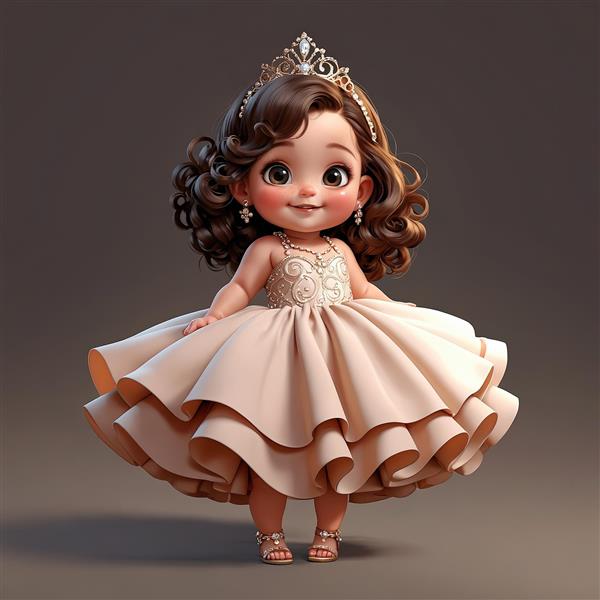 تصویر سه بعدی پرنسس کودک با تاج الماس و لباس عروسکی چند لایه، رنگ بژ