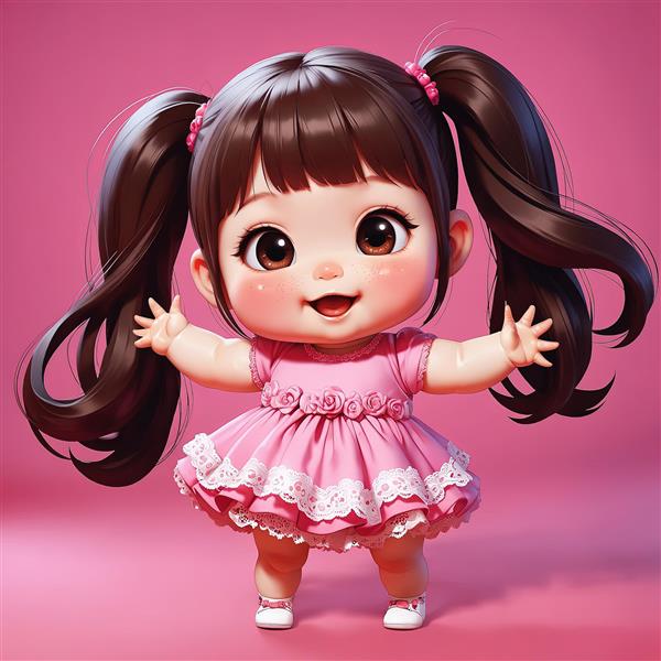 تصویر سه بعدی کودک پرجنب و جوش با لباس صورتی تزئین شده با رز، دست‌های باز