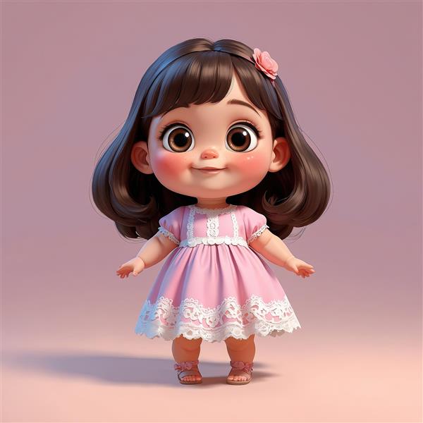 تصویر سه بعدی دختر بچه با موی چتری و لباس صورتی ملایم، تک گل روی مو