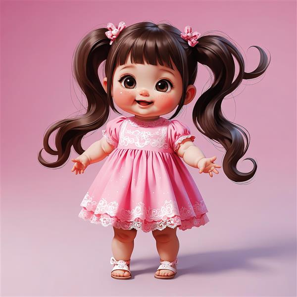 تصویر سه بعدی دختر خندان با موهای فرفری بلند و گل‌های صورتی روی سر