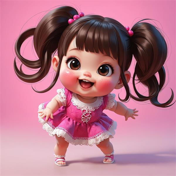 تصویر سه بعدی کودک شاد در حال رقص با لباس صورتی پرچین و موهای دم‌اسبی