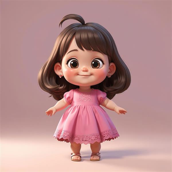 تصویر پرتره سه بعدی دختر با لباس صورتی ساده، موی کوتاه و گوشواره مروارید