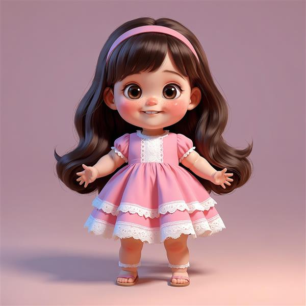 تصویر سه بعدی دختر بانمک با موهای بلند و هدبند صورتی، لباس چین‌چین