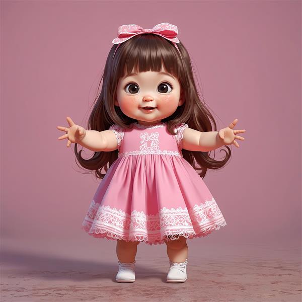 تصویر سه بعدی کودک شاد با لباس چین‌دار صورتی و موهای بلند باز