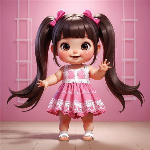 تصویر سه بعدی عروسک دختر با موهای بلند دم‌اسبی و دامن توری صورتی