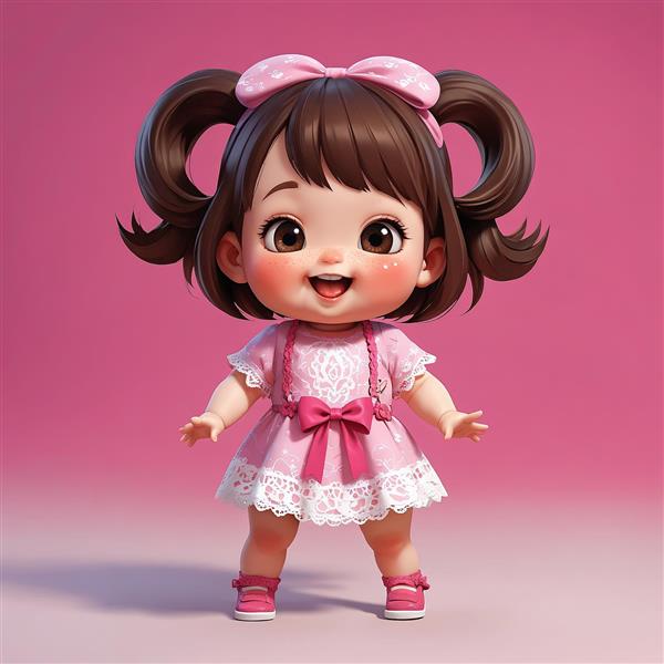تصویر سه بعدی دختر بچه خندان با پاپیون پولک‌دار و لباس بندی صورتی