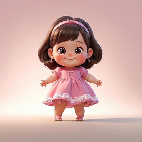 تصویر سه بعدی دختر بچه خندان با لباس صورتی چین‌دار و گوشواره مرواریدی