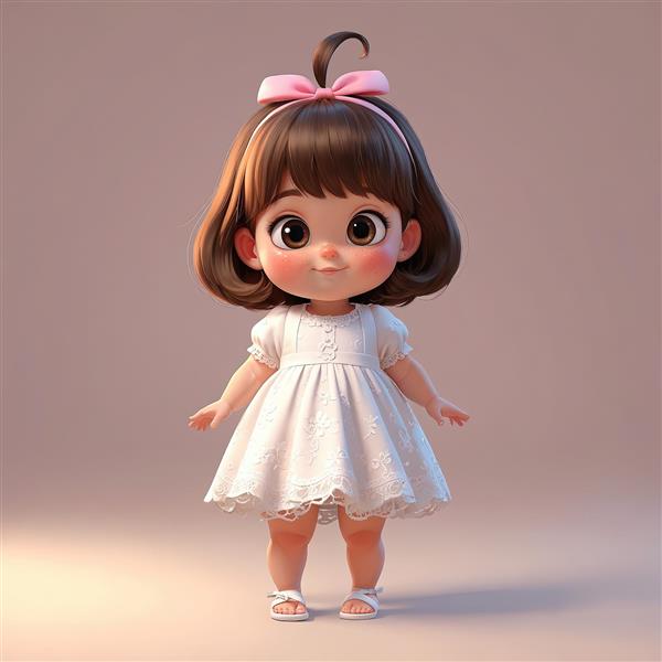 تصویر سه بعدی دختر بچه با موهای چتری و لباس سفید توری، پاپیون صورتی