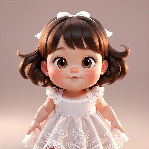 کلوزآپ سه‌بعدی کودک با لباس توری، موهای موج‌دار و هدبند پاپیونی سفید