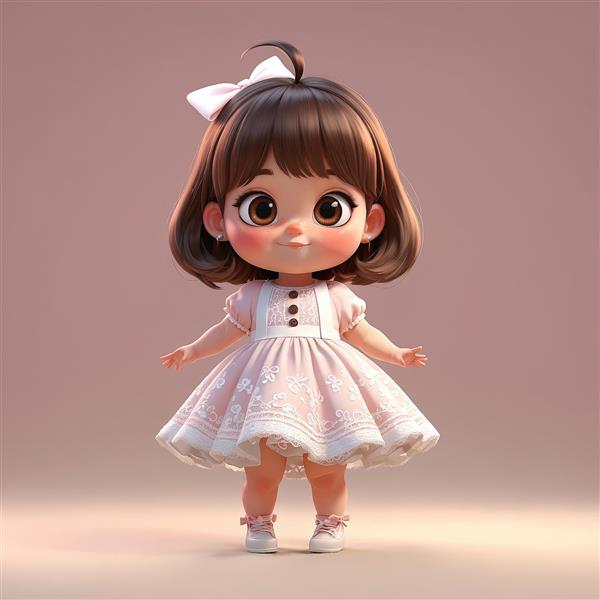 تصویر سه بعدی عروسک دختر با لباس صورتی روشن و پاپیون سفید، چشم درشت