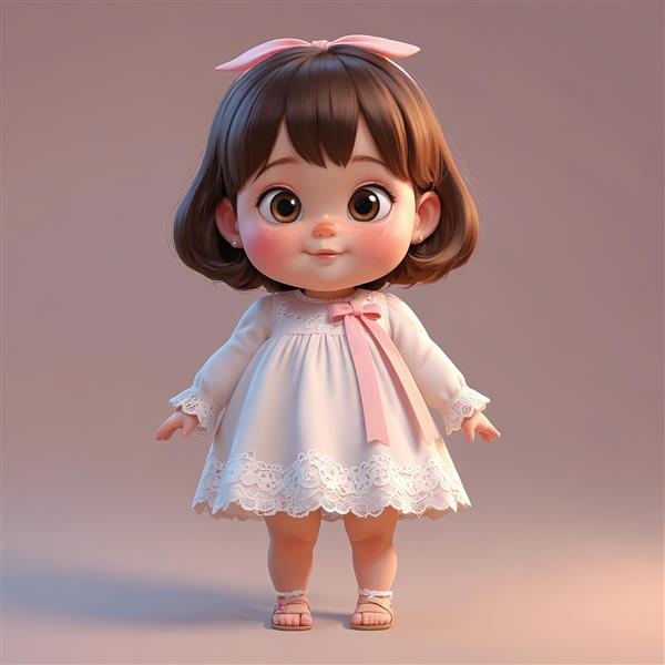 تصویر سه بعدی کودک بانمک با لباس کرم آستین‌بلند و روبان صورتی بلند