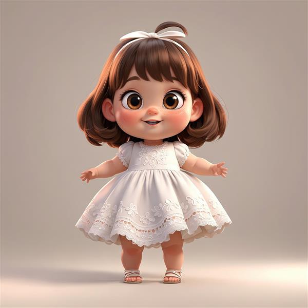 تصویر سه بعدی دختر بچه شاد با لباس توری سفید و پاپیون سفید، استودیو