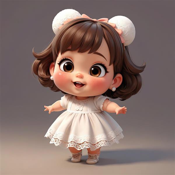 تصویر عروسک سه بعدی خندان با گوی‌های مو و لباس سفید توری، پرتره