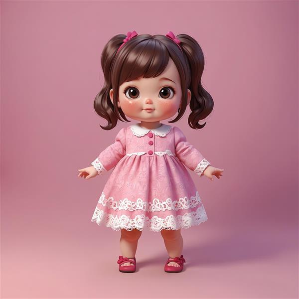 تصویر سه بعدی دختر بانمک با لباس صورتی آستین‌بلند و گیس‌های فرفری