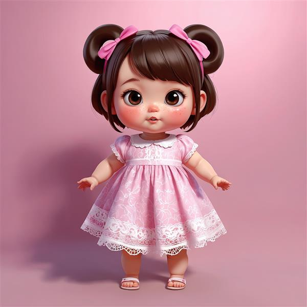 تصویر تمام قد عروسک سه بعدی با پیراهن چین‌دار صورتی و پاپیون‌ها