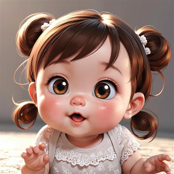 کلوزآپ پرتره سه بعدی نوزاد کیوت با چشم‌های درشت و دو گیسوی کوچک