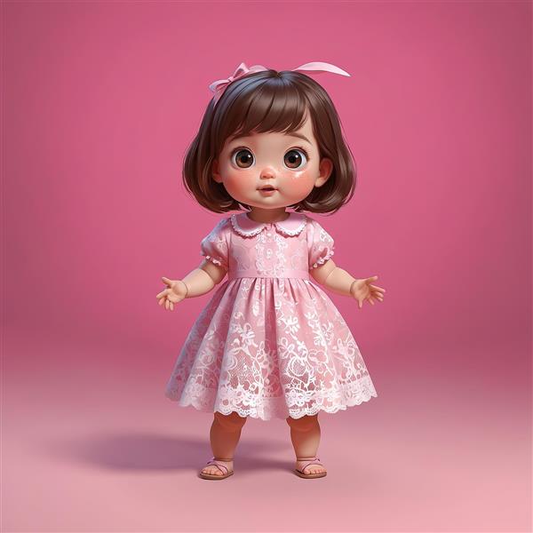 تصویر سه بعدی دختر بچه با لباس تور صورتی و پس‌زمینه مونوکروم