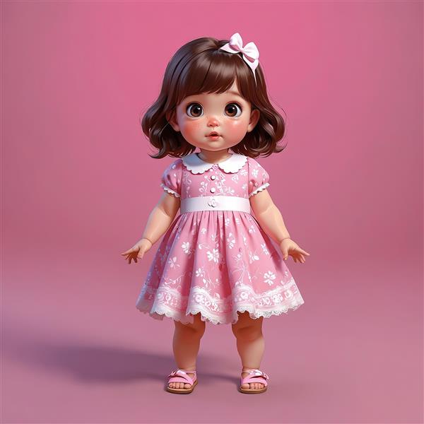 تصویر کامل عروسک سه بعدی با پیراهن صورتی گلدار و پاپیون سفید