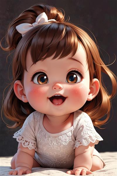 کلوزآپ تصویر سه بعدی نوزاد دختر خندان با پاپیون سفید، نورپردازی دراماتیک