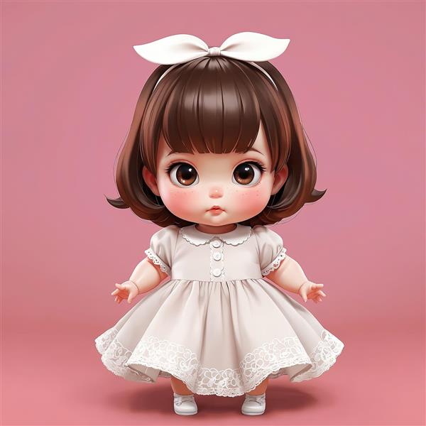 تصویر سه بعدی عروسک دختر با موهای کوتاه و لباس کرم، پس‌زمینه صورتی