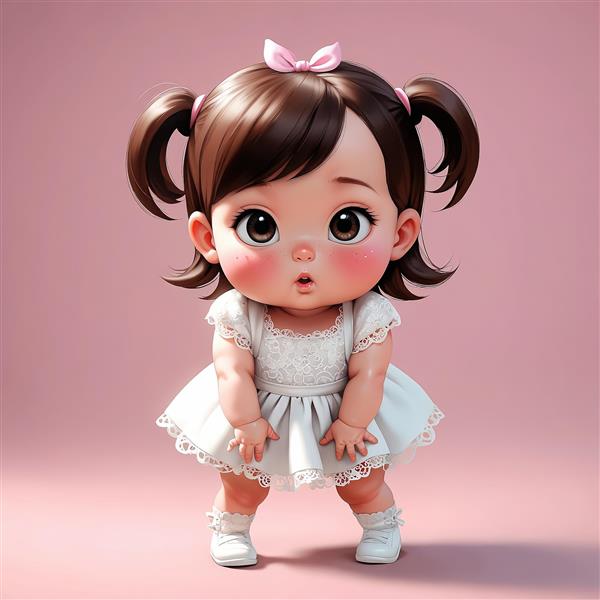 تصویر عروسکی سه بعدی دختر بامزه با پاپیون صورتی و پس‌زمینه پاستلی