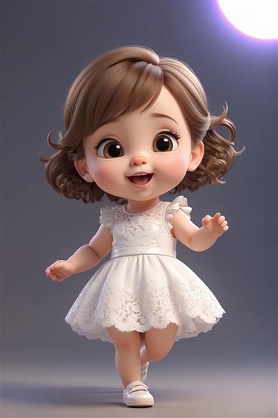 تصویر سه بعدی دختر کوچک شاد با موهای فرفری و لباس پرنسسی سفید