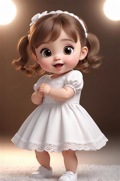 تصویر سه بعدی دختر بچه بانمک با لباس تور سفید و دو گیس بافت، استودیو