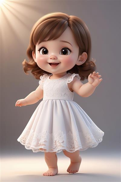 تصویر سه بعدی کودک خندان در حال رقص با لباس سفید، پس‌زمینه روشن