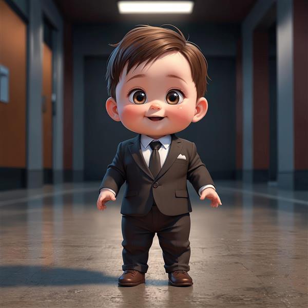 بیزنس‌من در راهرو اداری: تصویر کارتونی تمام‌قد با ژست ایستاده و پس‌زمینه محیط کار