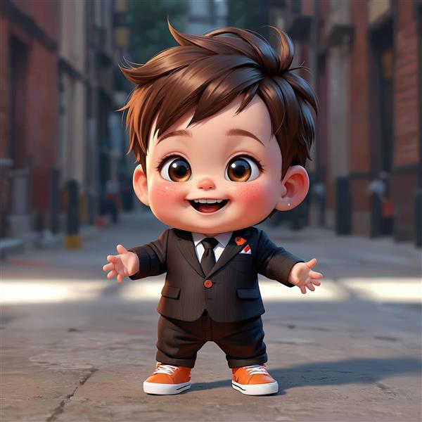 مدیر کوچک در کوچه شهر: تصویر کارتونی با پس‌زمینه آجری و کفش ورزشی نارنجی